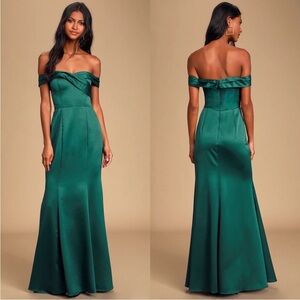 Lulu’s large off the shoulder emerald satin maxi dress